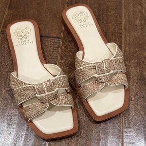 Vince Camuto Cream and Tan Slide Sandals